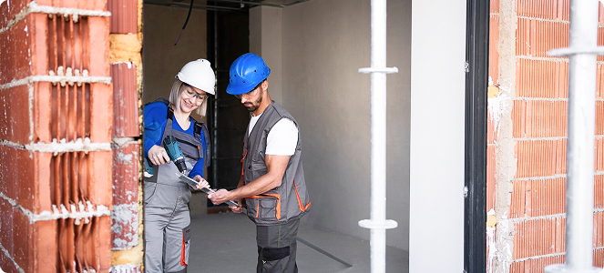 Dos trabajadores de la construcción con cascos y chalecos revisando planos dentro de un edificio en obra.