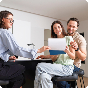 Pareja sonriente revisando documentos con una agente inmobiliaria en una cocina moderna.